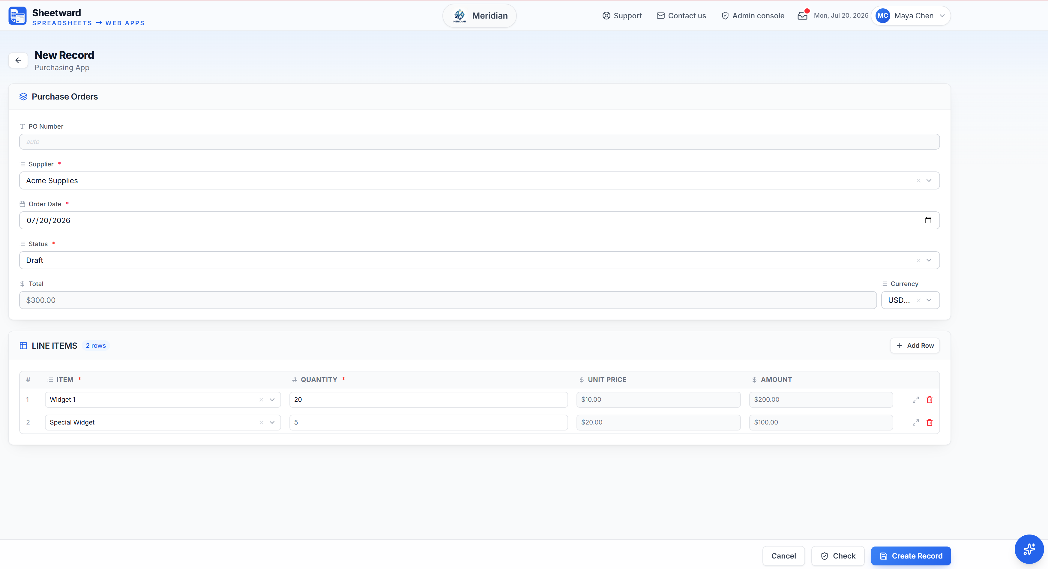Create, and the app is live with its own database — validated forms, rules and lookups ready.