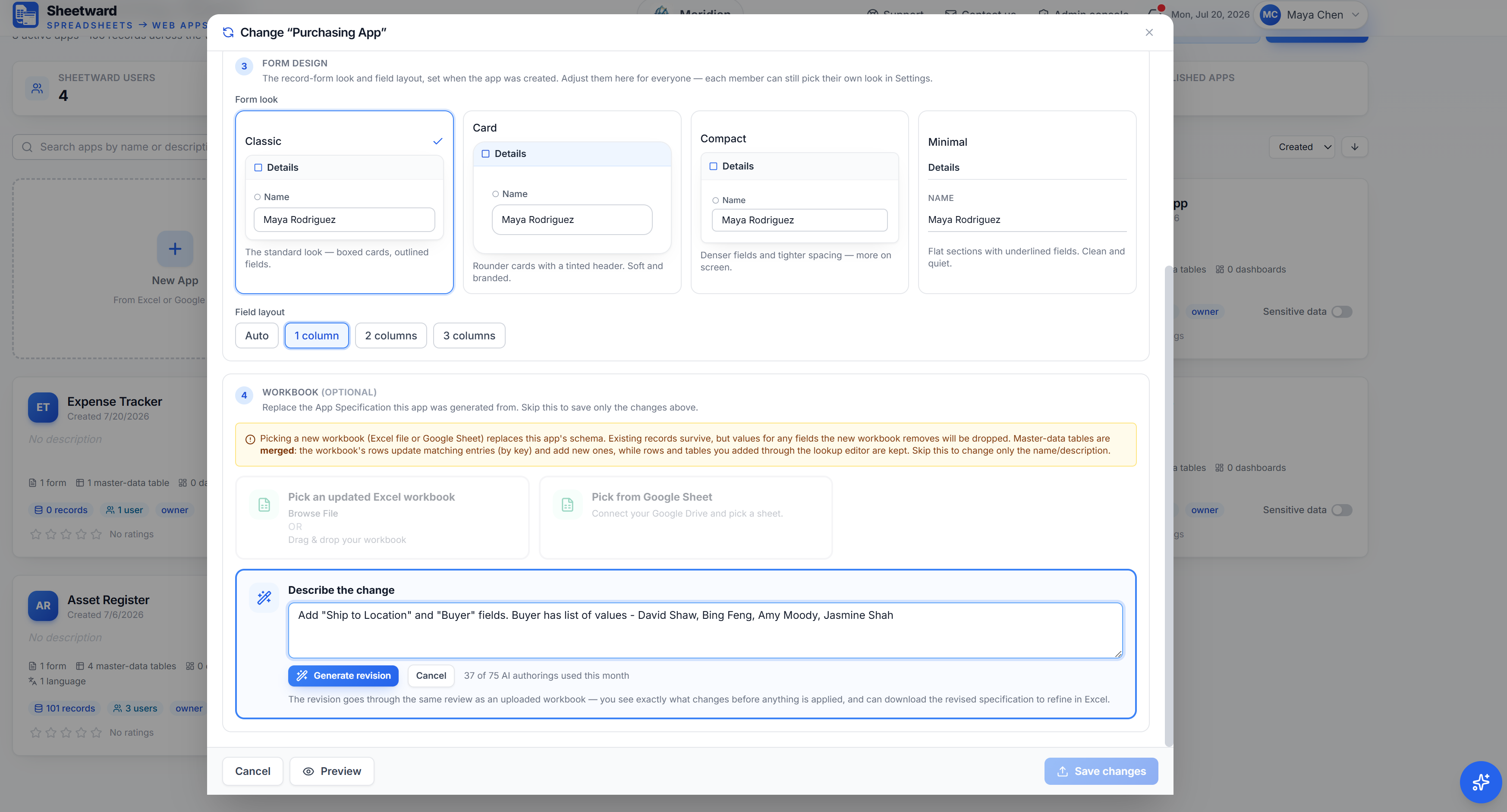 Later, describe a change — the AI edits the current specification and you approve the exact diff.